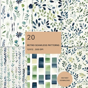 May include: A collection of 20 retro seamless patterns featuring botanical designs in shades of blue and green. The patterns include floral and leaf motifs, with a cream-colored background. The image includes the text "20 RETRO SEAMLESS PATTERNS 12x12 . 300 DPI" and "INSTANT DOWNLOAD".