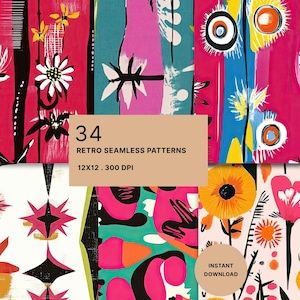 Pode incluir: Uma coleção de 34 padrões digitais sem costura com motivos florais e abstratos em rosa, azul-petróleo, laranja e preto. A imagem inclui o texto 34 RETRO SEAMLESS PATTERNS 12X12 . 300 DPI e INSTANT DOWNLOAD em sobreposições bege.