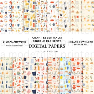 Papier numérique Craft Essentials Doodle Elements, 16 motifs originaux sans couture, JPG instantané imprimable, parfait pour les travaux manuels et les projets de bricolage, D1