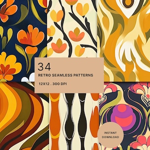 May include: A collection of 34 seamless patterns featuring various floral, wavy, and abstract designs in shades of orange, yellow, brown, and dark blue. A central beige box displays the text 34 RETRO SEAMLESS PATTERNS 12X12 . 300 DPI.