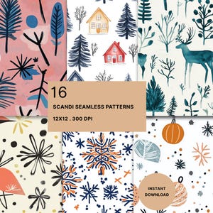 Midcentury Scandinavian Holiday Digital Paper: Seamless Scrapbook Patterns (Digital Download).