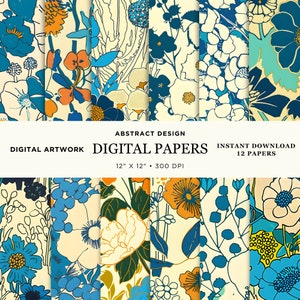 Carta digitale con motivo floreale blu retrò, 12 design originali perfetti per progetti artigianali e fai da te, carte da parati, regali per lei, carte