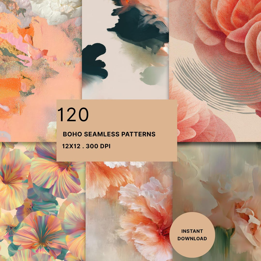 Boho Floral Digital Paper: Modern Abstract Seamless Patterns Pink Peach ...
