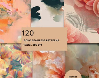 Boho Floral Digital Paper: Modern Abstract Seamless Patterns Pink Peach