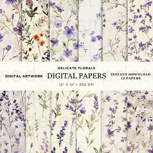 Winzige Blüten Purple Spring Floral Digital Paper, 12 Original Seamless Designs, Printable Instant JPG Perfekt für Handwerk und DIY-Projekte