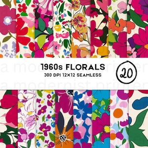 Retro Digital Paper Set, Seamless Textures, 1960s Patterns, Vintage Patterns, Trendy Patterns, Printable, Commercial Use Groovy Flowers 2
