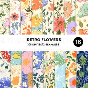 Carta digitale floreale primaverile retrò, 16 disegni originali, JPG istantaneo stampabile, perfetto per progetti artigianali e fai da te, senza soluzione di continuità, regalo