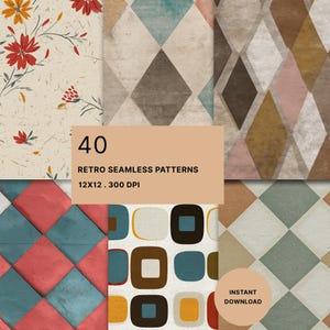 Könnte beinhalten: Eine Sammlung von 40 digitalen nahtlosen Mustern mit Blumenmotiven, Rautenformen und abgerundeten Quadraten in gedeckten Rot-, Blau-, Braun- und Cremetönen. Der Text lautet 40 RETRO SEAMLESS PATTERNS 12X12 . 300 DPI und INSTANT DOWNLOAD.