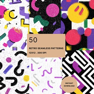 May include: A collection of 50 retro seamless patterns with a variety of colorful geometric shapes and textures. The patterns include circles, lines, and abstract designs in shades of pink, yellow, purple, and black. The image also includes the text "50 Retro Seamless Patterns 12x12 . 300 DPI".
