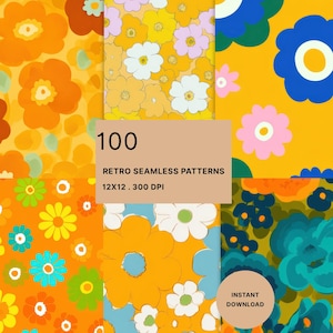 Op de afbeelding: Een verzameling retro naadloze patronen met levendige bloemmotieven in oranje, geel, blauw en groen. De afbeelding bevat tekst met de tekst "100 Retro Seamless Patterns 12x12. 300 DPI" en "Instant Download".