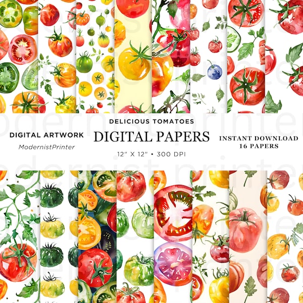 Tomato Seamless Pattern Digital Paper, 16 Original Seamless Design, Printable Instant JPG Perfect for Crafts and DIY projects, Unique, 1