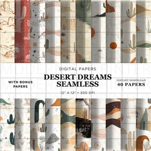 Paquete de papeles digitales bohemios del desierto occidental: 40 fondos sin costuras en tonos tierra, cactus, sol, textura vintage, álbumes de recortes, sublimación