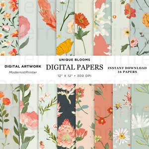 Papel digital floral Meadow Blooms, 16 designs originais sem costura, JPG instantâneo para impressão perfeito para artesanato e projetos DIY, conjunto 3, aniversário
