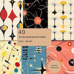 Könnte beinhalten: Eine Sammlung von 40 nahtlosen Retro-Mustern mit abstrakten geometrischen Formen, Sternen und Linien in Rot, Gelb, Blau, Schwarz und Creme. Der Text 40 RETRO SEAMLESS PATTERNS 12X12 . 300 DPI und INSTANT DOWNLOAD ist auf dem Bild zu sehen.