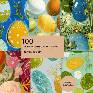 May include: A digital collection of 100 retro seamless patterns featuring various egg shapes, floral elements, and botanical motifs in vibrant colors. The text 100 RETRO SEAMLESS PATTERNS 12X12 . 300 DPI and INSTANT DOWNLOAD is visible on the image.