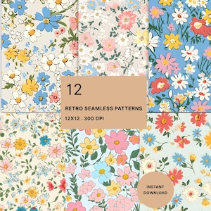 May include: A collection of 12 retro seamless floral patterns. Each pattern features a different arrangement of colorful flowers, including blue, yellow, pink, and white blooms, set against various light-colored backgrounds. The image includes the text "Retro Seamless Patterns" and "Instant Download."