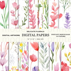 Aquarel digitaal papier met zacht bloemenpatroon, 14 originele ontwerpen, afdrukbare instant JPG-set, perfect voor knutselen en doe-het-zelfprojecten, 45