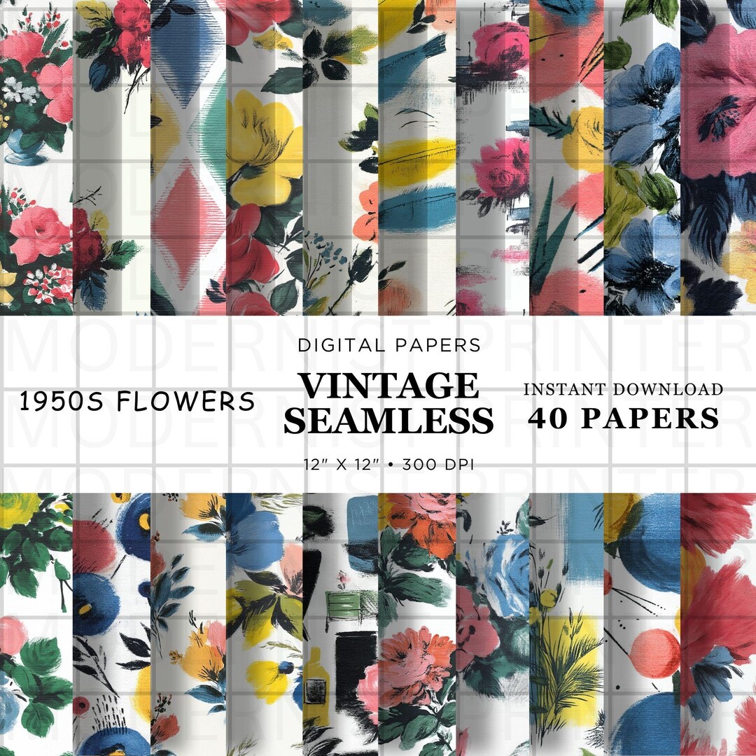 Mid-century Modern Floral Patterns: 1950s Digital Paper (digital ...