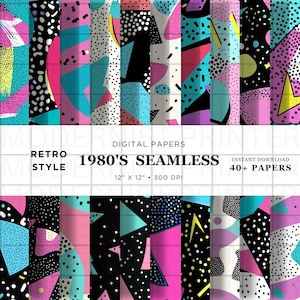 Può includere: Carte digitali in stile retrò anni '80, con forme geometriche e colori vivaci. I disegni includono rosa, verde acqua e nero. Ogni carta misura 30,48 cm x 30,48 cm e 300 DPI. Il testo recita "1980's Seamless" e "Instant Download 40+ Papers."
