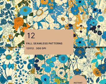 May include: A collection of 12 seamless digital patterns featuring floral illustrations in shades of blue, orange, and cream. A central tan rectangle displays the text 12 FALL SEAMLESS PATTERNS 12X12 . 300 DPI, with a circular badge stating INSTANT DOWNLOAD.