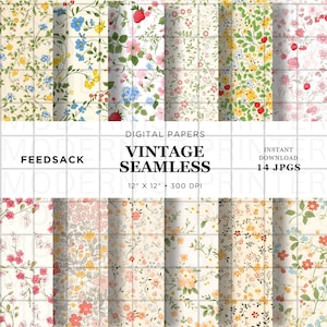 Retro Floral Digital Paper, Tiny Feed Sack Blossoms, Seamless Spring Patterns (14 JPGs)