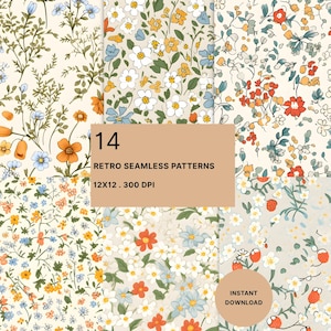 May include: A collection of 14 retro seamless patterns featuring floral designs in various colors, including orange, blue, and white, on a cream background. The image includes text that reads "14 Retro Seamless Patterns" and "Instant Download."