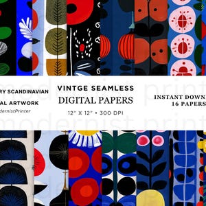 Könnte beinhalten: Eine Sammlung von 16 digitalen Papieren mit einem skandinavischen Design aus der Mitte des Jahrhunderts. Die Papiere zeigen farbenfrohe, abstrakte Muster in Blau-, Rot-, Schwarz- und Weißtönen. Jedes Papier ist 30,48 cm x 30,48 cm groß und steht zum sofortigen Download bereit.