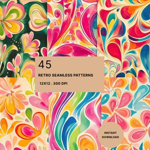 Puede incluir: Una colección digital de 45 patrones sin costuras con diseños abstractos florales y de remolinos en colores vibrantes. El texto central dice 45 RETRO SEAMLESS PATTERNS 12X12 . 300 DPI, con una insignia circular que indica INSTANT DOWNLOAD.