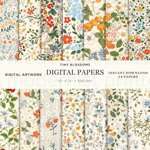 Puede incluir: Un conjunto de 14 papeles digitales con una variedad de patrones florales en tonos rojos, azules, amarillos y verdes sobre un fondo crema. Los papeles miden 30,5 cm por 30,5 cm y 300 DPI. El texto "Tiny Blossoms Digital Papers" está en la parte superior de la imagen.