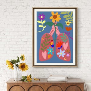 Poster imprimible de pulmones con flores, impresión digital simulación óleo alegre y divertido, para decorar las paredes del dormitorio.