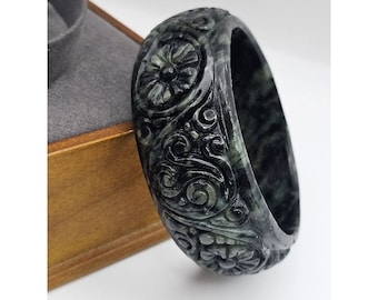 Carved Burmese Jade Bangle, Black Green Flower Design (61.7 mm)