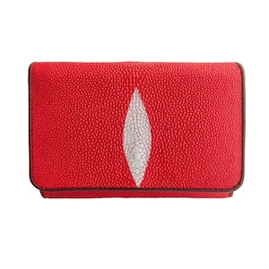 Auténtica cartera triple de piel Stingray para mujer, tarjetero rojo para monedas, regalo fotográfico, recuerdo para ella
