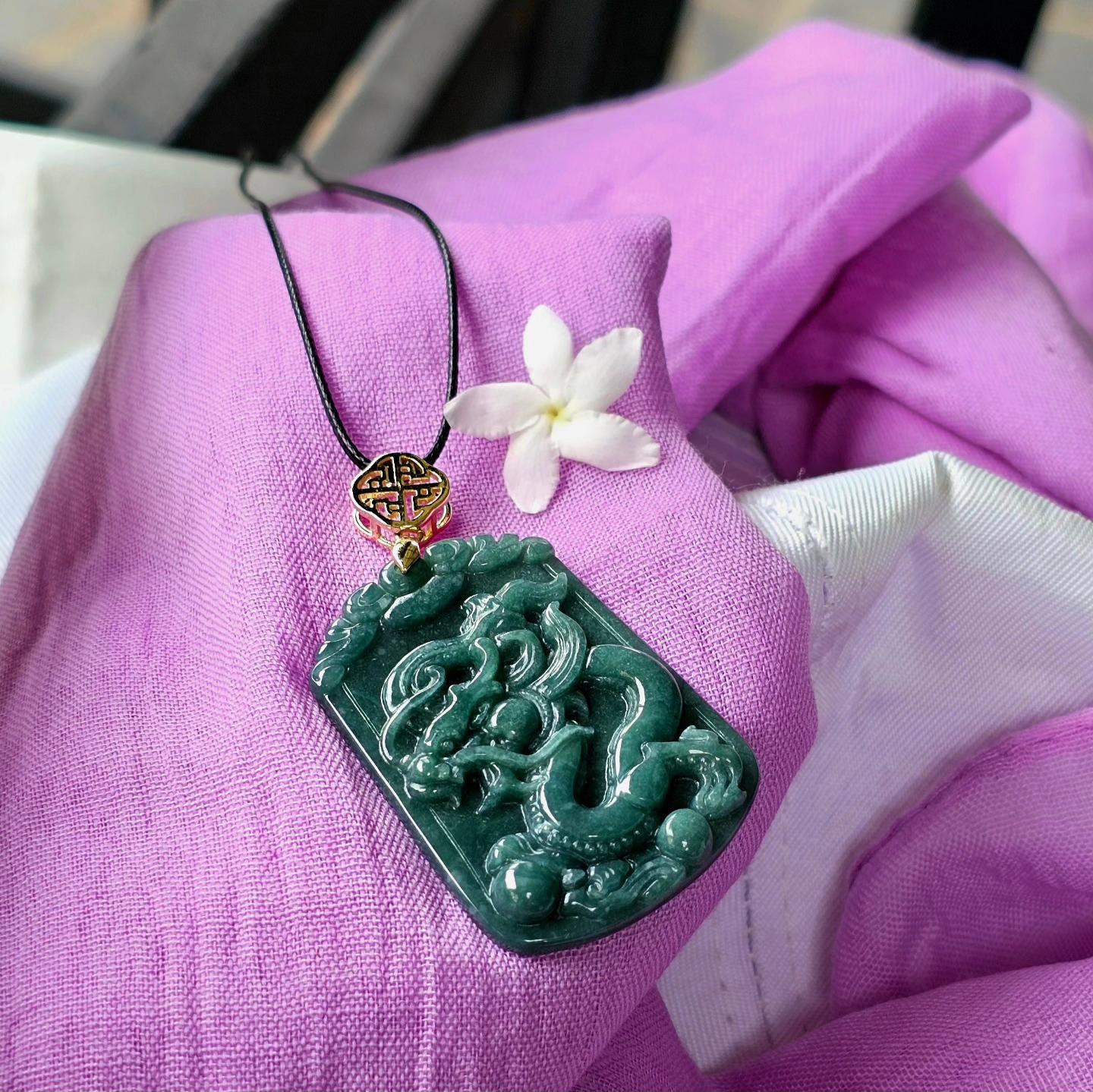Jade Dragon Pendant: Bluish Green Silver Ring, Natural Jadeite