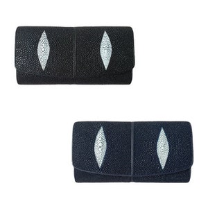 Portefeuille en cuir Stingray authentique pour femme, pochette, sac d'argent, triple fermeture éclair, carte de crédit, ATM 2 yeux, cadeau pour elle