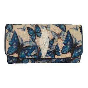 Cartera de piel auténtica de raya para mujer, monedero, tarjetero, cajero automático, foto, estampado de mariposa
