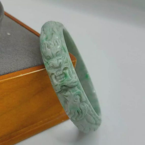 Burmese Jade Bangle Carved Swans and Dragon Light Green With Apple