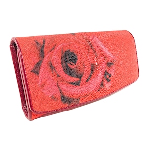 Carteira feminina de couro genuíno com três dobras estilo Stingray couro rosa vermelho preto flor elegante presente para ela