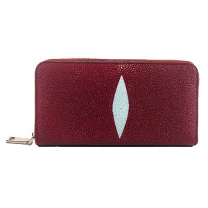 Portefeuille femme fermeture éclair simple en cuir de galuchat véritable avec fermeture éclair autour du sac d'argent porte-cartes bordeaux rouge Nouveau