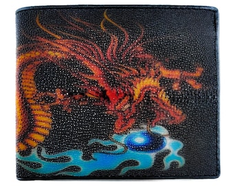 Cartera plegable de piel de raya: Estampado de dragón para hombre, piel auténtica