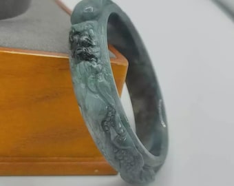 Rare Item Burmese Jade Bangle Carved Dragons Holding a Pearl Gray and Transparent Inner Size 55.8 mm