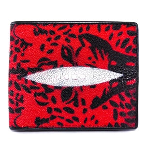 Cartera de hombre de piel auténtica Stingray, color rojo, bolsa para dinero, tarjeta con cremallera, bolso de piel con patrón de tigre