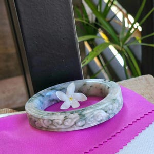 Burmese Jade Bangle: White & Green Carved Wealth Vine, 52.6 mm