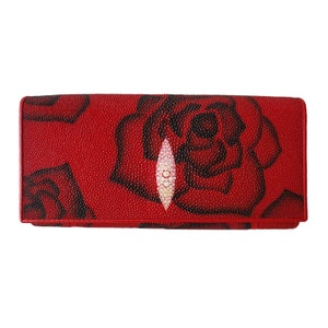 Cartera de mujer de cuero genuino Stingray patrón de flores rojas plegable largo hermoso regalo para ella