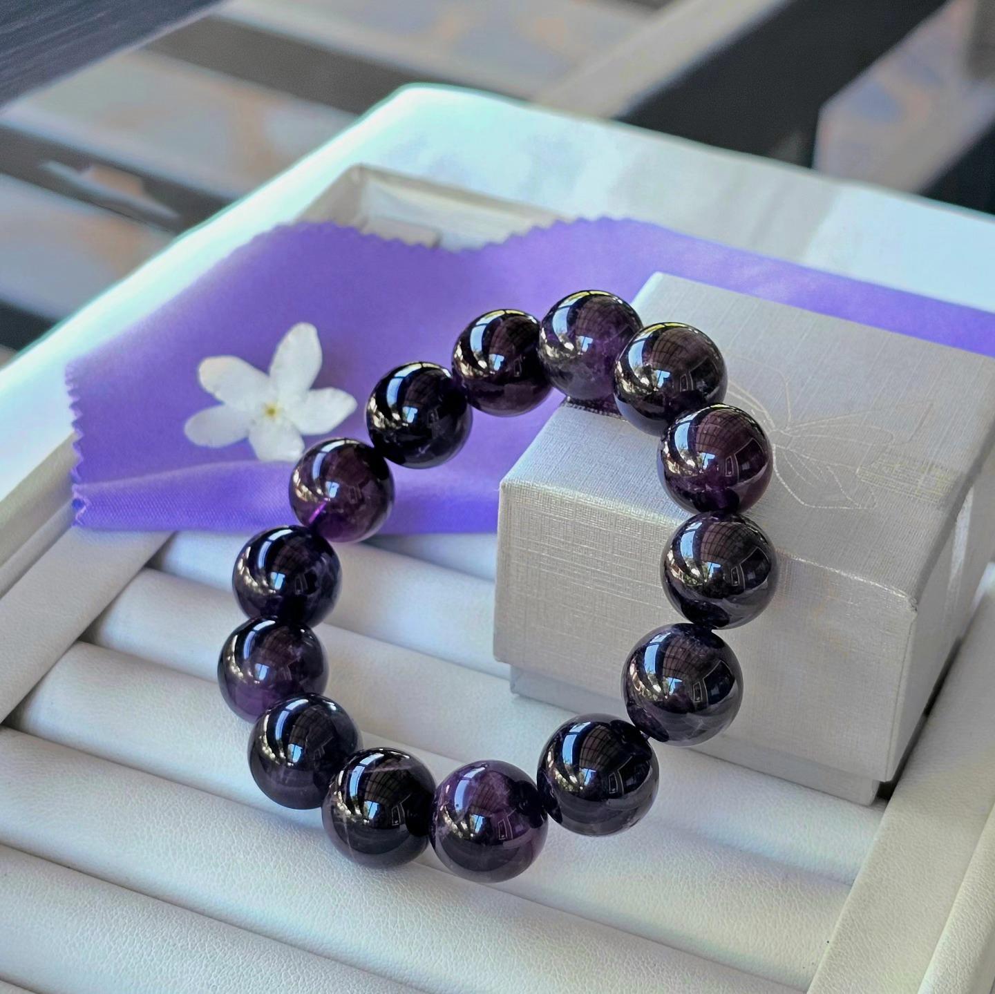 ダークパープルアメジストブレスレット、ラウンドビーズ（14 mm