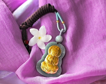 Guanyin Pendant Light Green and Gold Color Burmese Jade Apply Real Gold Leaf Genuine Jade Natural Jadeite Type A Size Width 2.6 cm