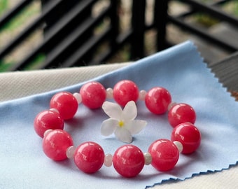 Bracelet rhodochrosite « Love Attracting Stone » Pierre rose juteuse, largeur 14-14,3 mm avec gradins de jadéite blanche de type A