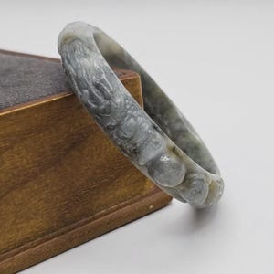 Burmese Jade Bangle Carved Dragon Swans Beautiful Shiny Texture Light Green Honey Gray Natural Jadeite Type A Bracelet Size 59 mm