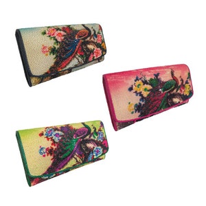 Cartera de piel auténtica Stingray para mujer, bolso de mano tipo monedero con cremallera triple, tarjeta de crédito, cajero automático, moneda, foto ondulada, multicolor