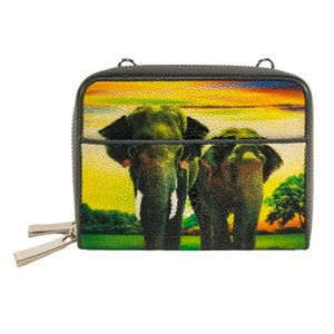 Bolso de hombro tipo bandolera para mujer, Cartera de piel auténtica con doble cremallera, correa de cadena con patrón de elefante