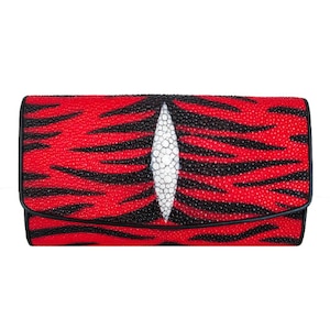 Cartera de piel auténtica Stingray para mujer, monedero triple, tarjeta de crédito, cajero automático, patrón de espiga rojo y negro